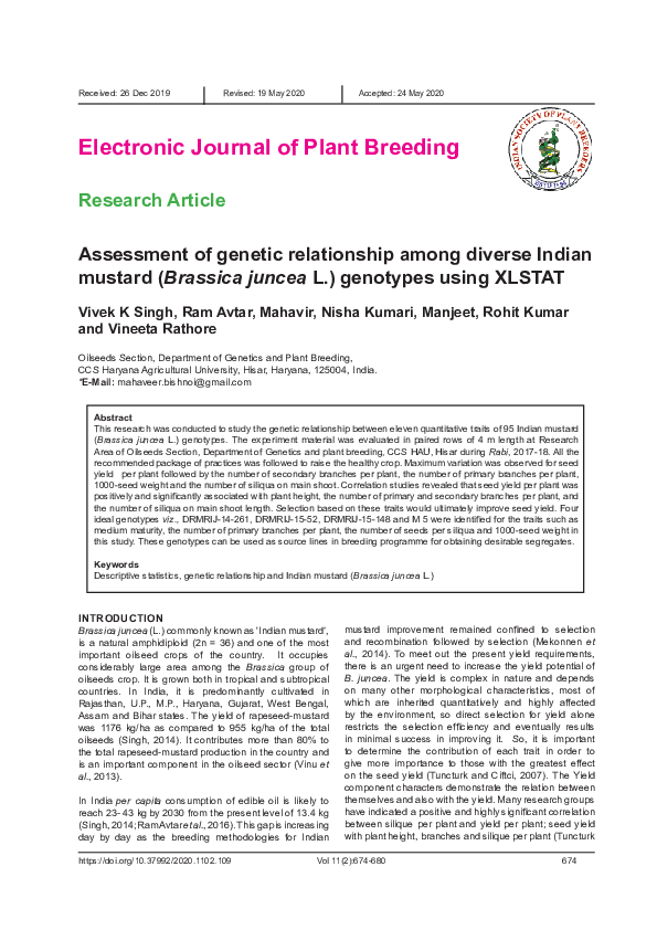 First page of “Assessment of genetic relationship among diverse Indian mustard (Brassica juncea L.) genotypes using XLSTAT”