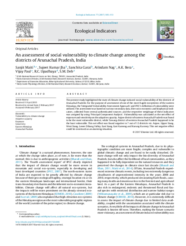 First page of “Assessment of social vulnerability to climate change in the eastern coast of India”