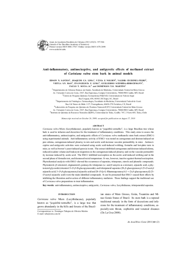 First page of “Anti-inflammatory, antinociceptive, and antipyretic effects of methanol extract of Cariniana rubra stem bark in animal models”