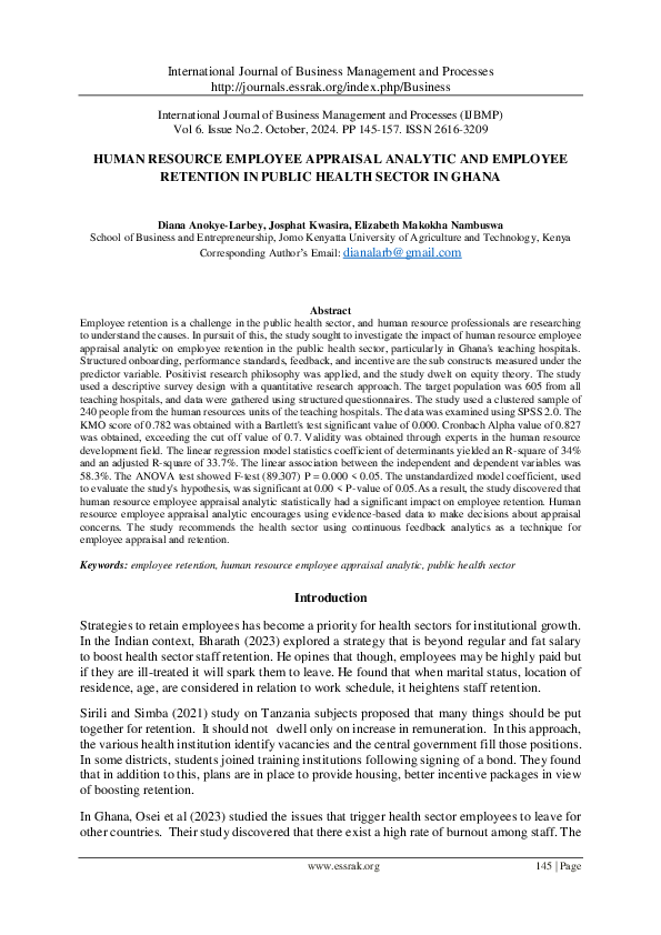 First page of “Human Resource Employee Appraisal Analytic and Employee Retention in the Public Health Sector  in Ghana”