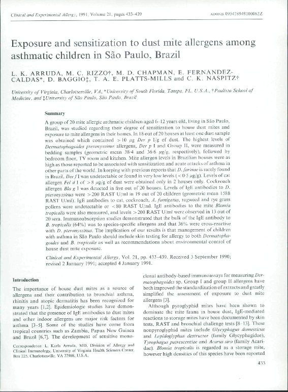 First page of “Exposure and sensitization to dust mite allergens among asthmatic children in Sao Paulo, Brazil”