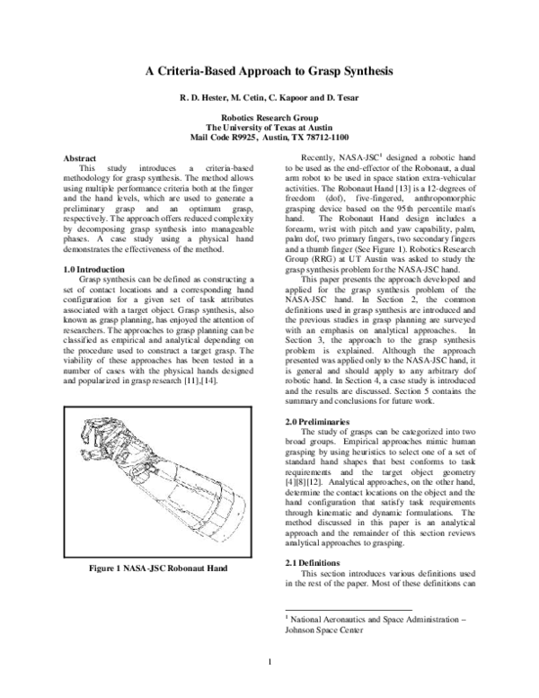 First page of “A Criteria-Based Approach to Grasp Synthesis”