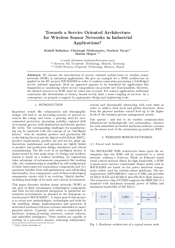 First page of “Towards a Service Oriented Architecture for Wireless Sensor Networks in Industrial Applications?”