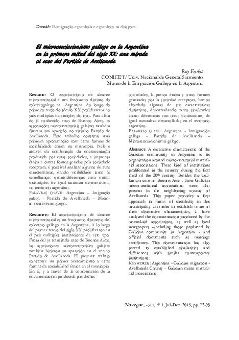 First page of “El microasociacionismo gallego en la Argentina en la primera mitad del siglo XX: una mirada al caso del Partido de Avellaneda”