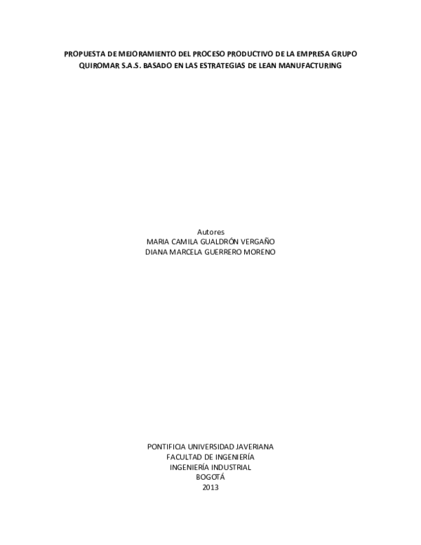 First page of “Propuesta de mejoramiento del proceso productivo de la empresa grupo Quiromar S.A.S. basado en las estrategias de Lean Manufacturing”