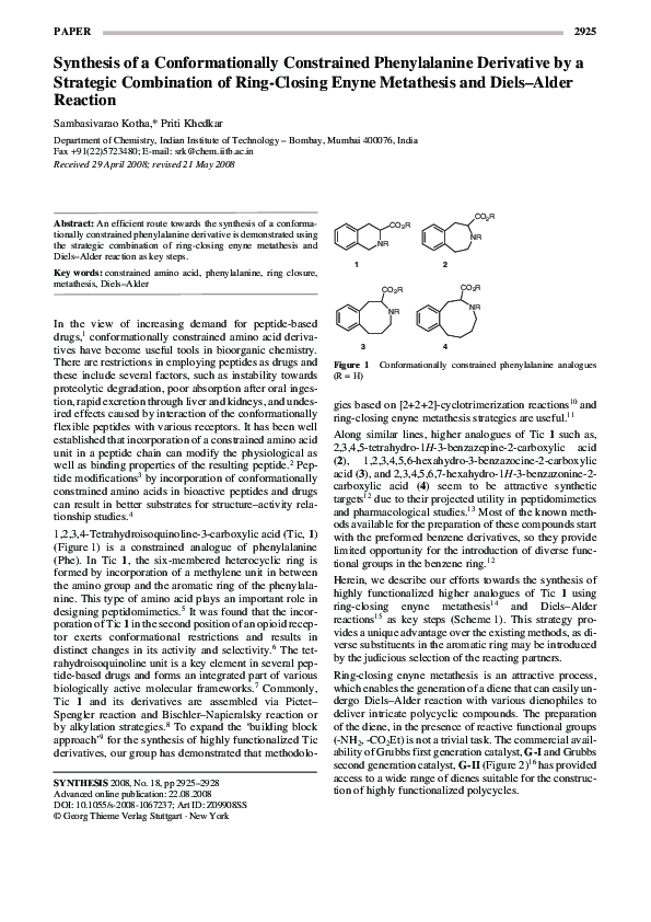 First page of “Synthesis of a Conformationally Constrained Phenylalanine Derivative by a Strategic Combination of Ring-Closing Enyne Metathesis and Diels-Alder Reaction”