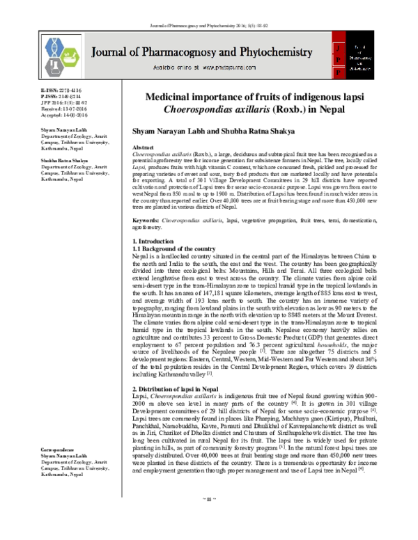 First page of “Medicinal importance of fruits of indigenous lapsi Choerospondias axillaris (Roxb.) in Nepal”