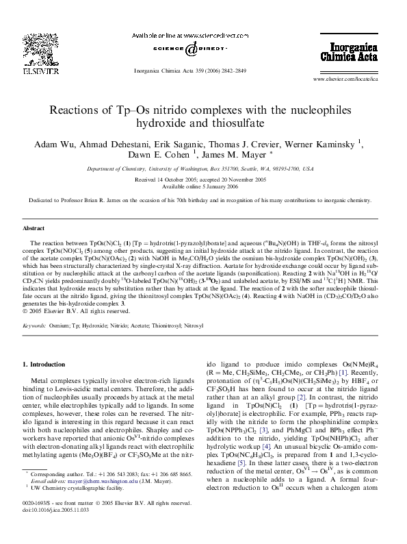 First page of “Reactions of Tp–Os nitrido complexes with the nucleophiles hydroxide and thiosulfate”