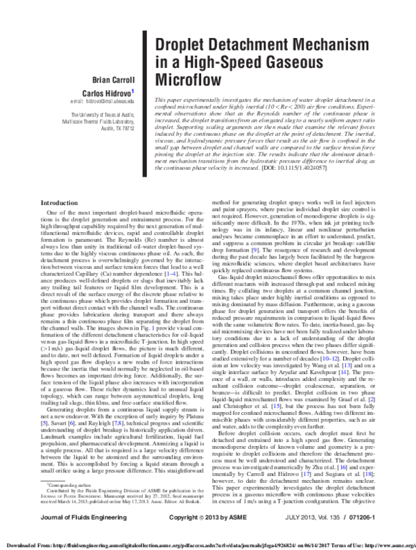 First page of “Droplet Detachment Mechanism in a High-Speed Gaseous Microflow”