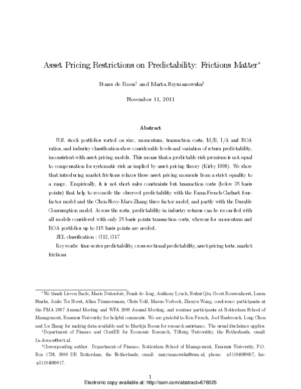 First page of “Asset Pricing Restrictions on Predictability: Frictions Matter”