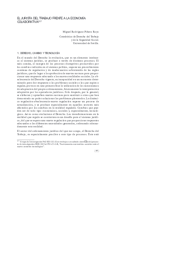 First page of “El jurista del trabajo frente a la economía colaborativa”