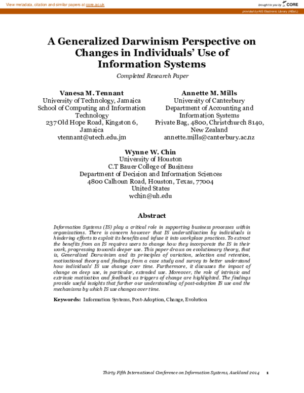 First page of “A Generalized Darwinism Perspective on Changes in Individuals’ Use of Information Systems”