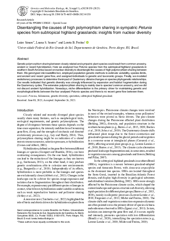 First page of “Disentangling the causes of high polymorphism sharing in sympatric Petunia species from subtropical highland grasslands: insights from nuclear diversity”