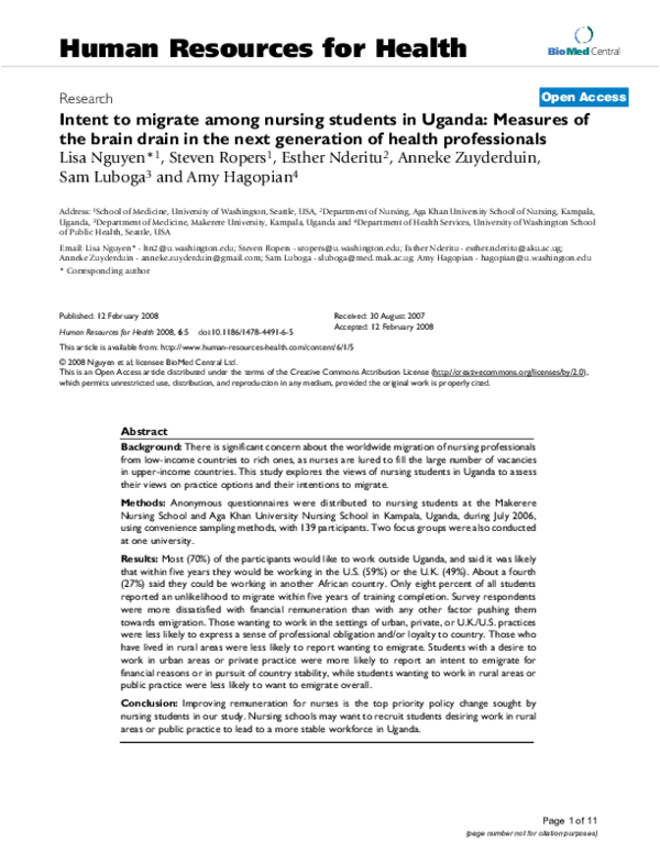 First page of “Intent to migrate among nursing students in Uganda: Measures of the brain drain in the next generation of health professionals”