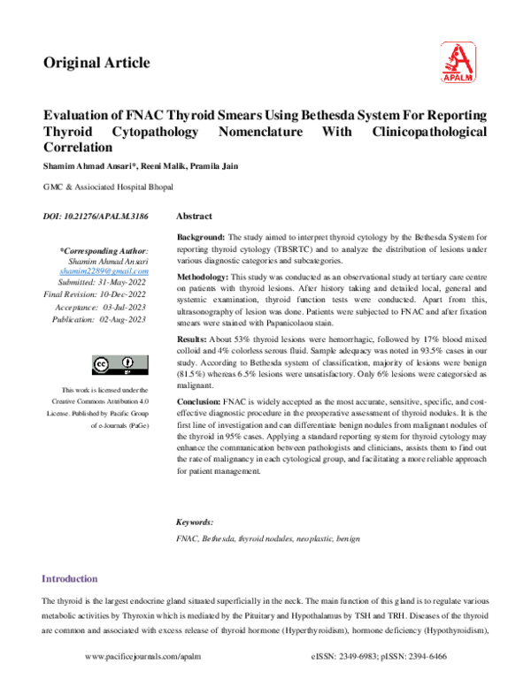 First page of “Evaluation of FNAC Thyroid Smears Using Bethesda System For Reporting Thyroid Cytopathology Nomenclature With Clinicopathological Correlation”