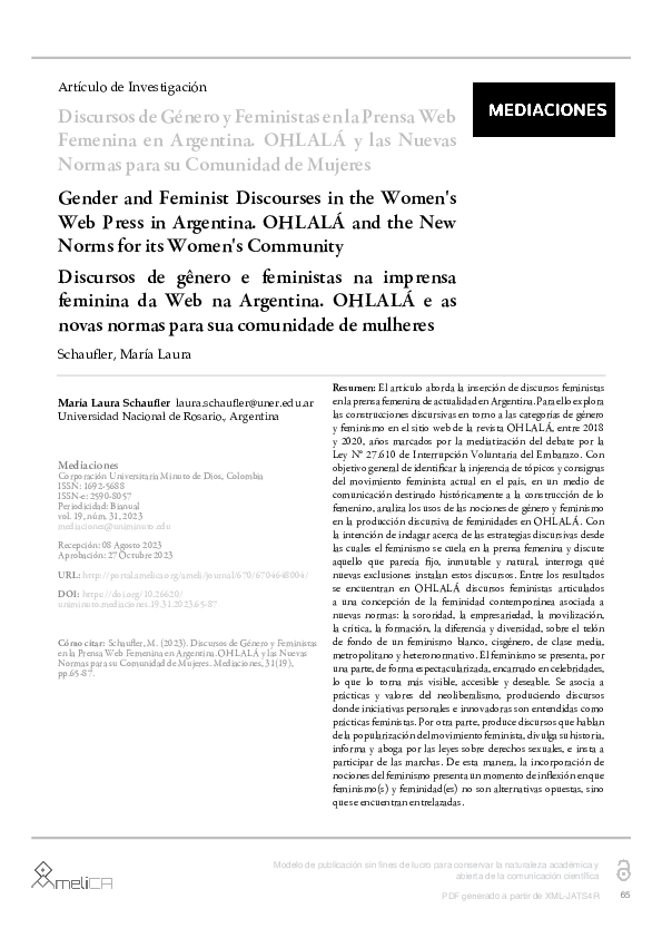 First page of “Discursos de Género y Feministas en la Prensa Web Femenina en Argentina”