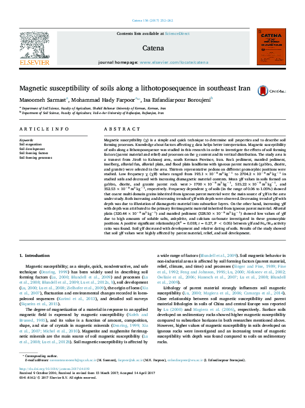 First page of “Magnetic susceptibility of soils along a lithotoposequence in southeast Iran”