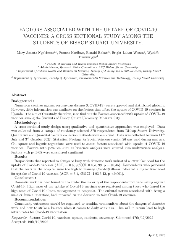 First page of “Factors associated with the uptake of Covid-19 vaccines: Across-sectional study among the students of Bishop Stuart University in South-western Uganda”