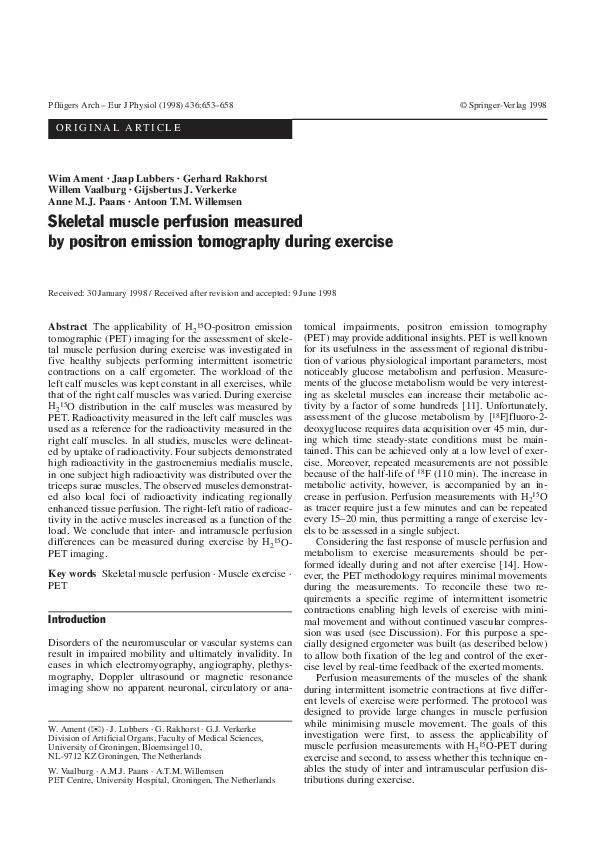 First page of “Skeletal muscle perfusion measured by positron emission tomography during exercise”