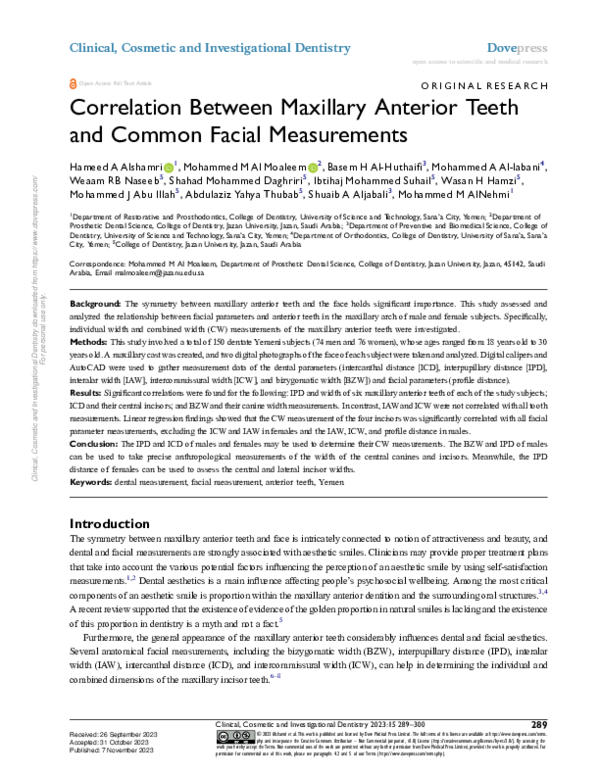 First page of “Correlation Between Maxillary Anterior Teeth and Common Facial Measurements”