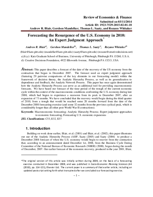 First page of “Forecasting the resurgence of the US economy in 2001: an expert judgment approach”