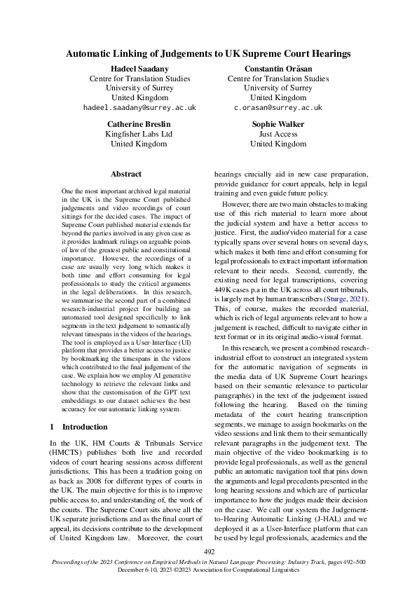 First page of “Automatic Linking of Judgements to UK Supreme Court Hearings”