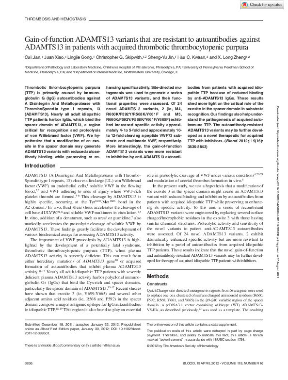 First page of “Gain-of-function ADAMTS13 variants that are resistant to autoantibodies against ADAMTS13 in patients with acquired thrombotic thrombocytopenic purpura”