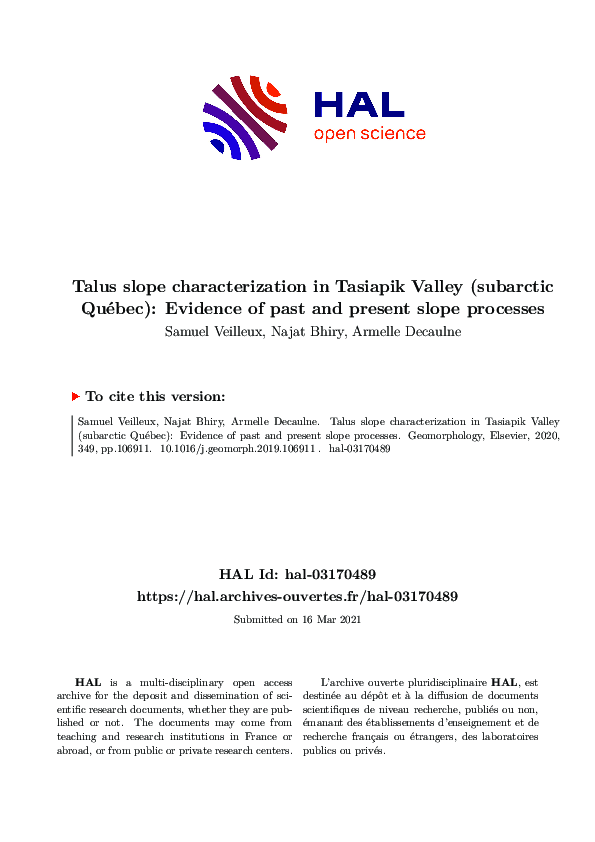 First page of “Talus slope characterization in Tasiapik Valley (subarctic Québec): evidence of past and present slope processes”