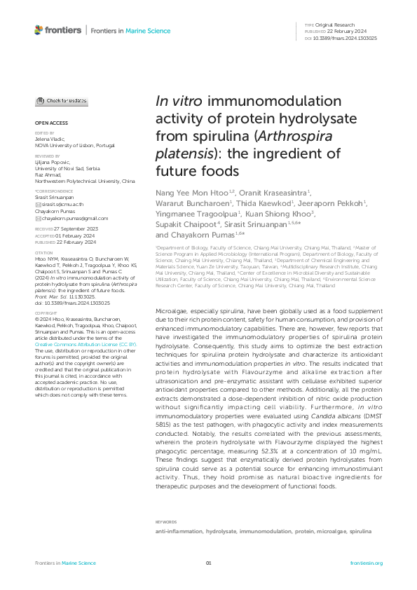 First page of “In vitro immunomodulation activity of protein hydrolysate from spirulina (Arthrospira platensis): the ingredient of future foods”