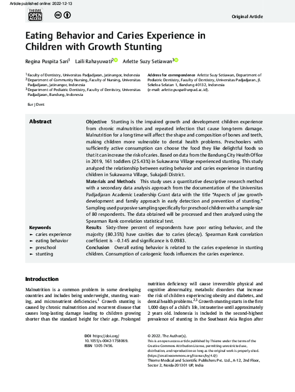 First page of “Eating Behavior and Caries Experience in Children with Growth Stunting”