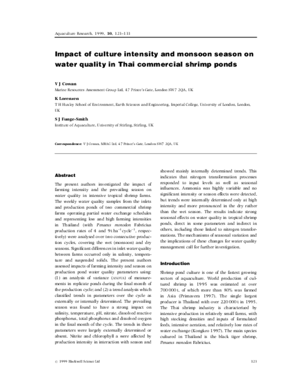 First page of “Impact of culture intensity and monsoon season on water quality in Thai commercial shrimp ponds”