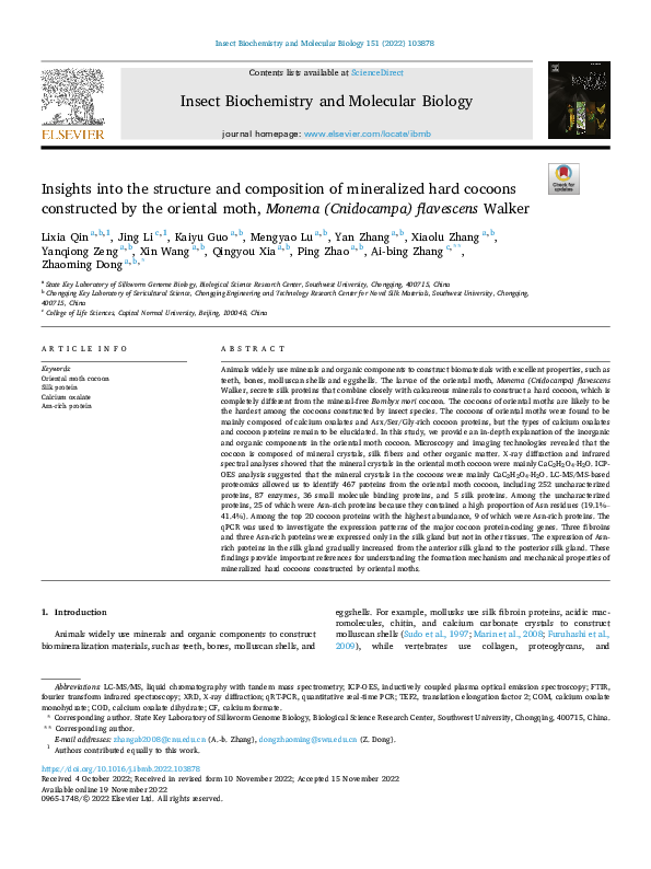 First page of “Insights into the structure and composition of mineralized hard cocoons constructed by the oriental moth, Monema (Cnidocampa) flavescens Walker”