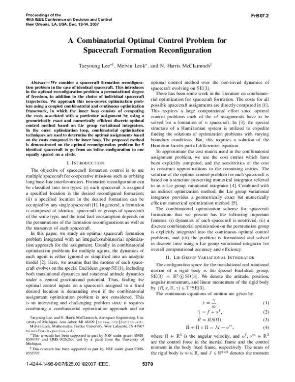 First page of “A combinatorial optimal control problem for spacecraft formation reconfiguration”