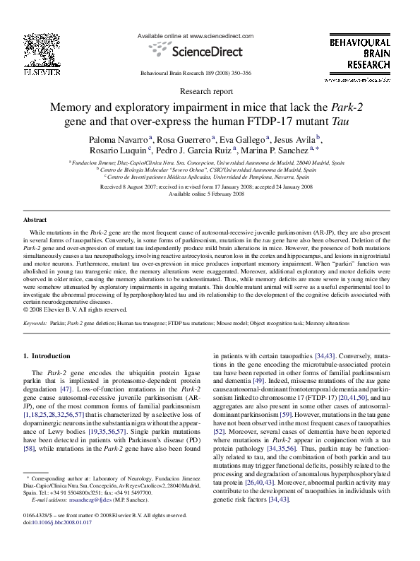 First page of “Memory and exploratory impairment in mice that lack the Park-2 gene and that over-express the human FTDP-17 mutant Tau”