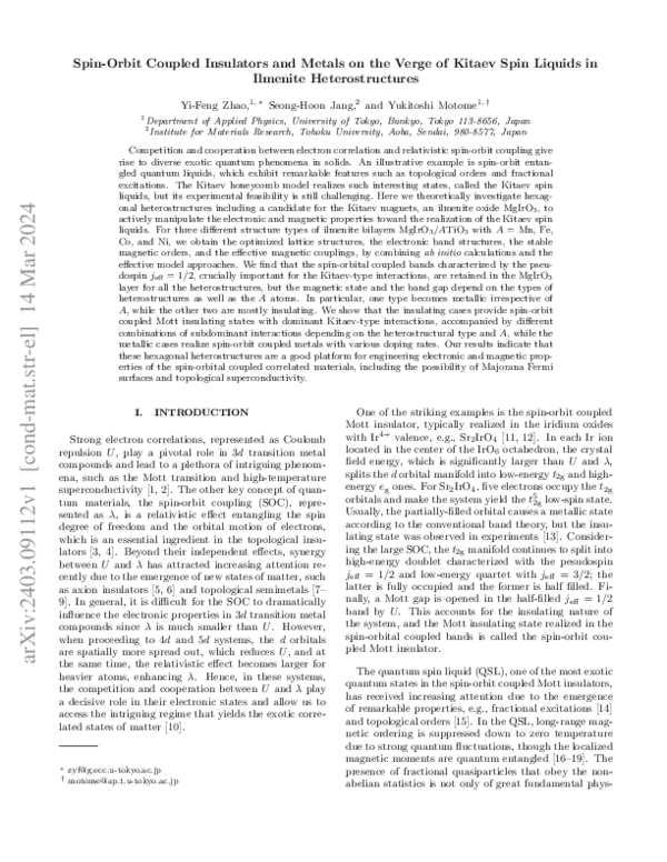 First page of “Spin-Orbit Coupled Insulators and Metals on the Verge of Kitaev Spin Liquids in Ilmenite Heterostructures”