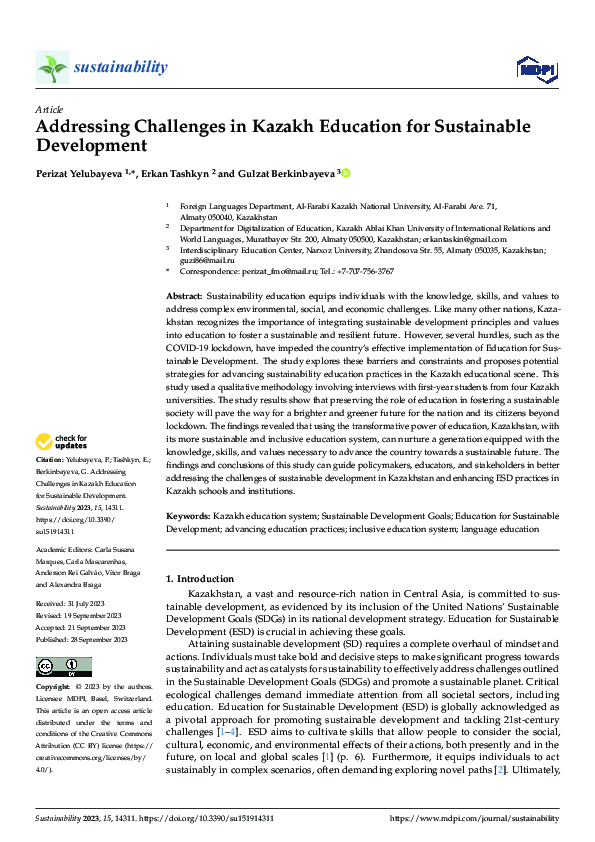 First page of “Addressing Challenges in Kazakh Education for Sustainable Development”