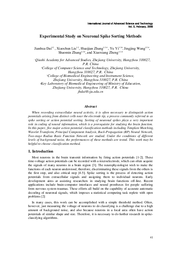 First page of “Experimental Study on Neuronal Spike Sorting Methods”