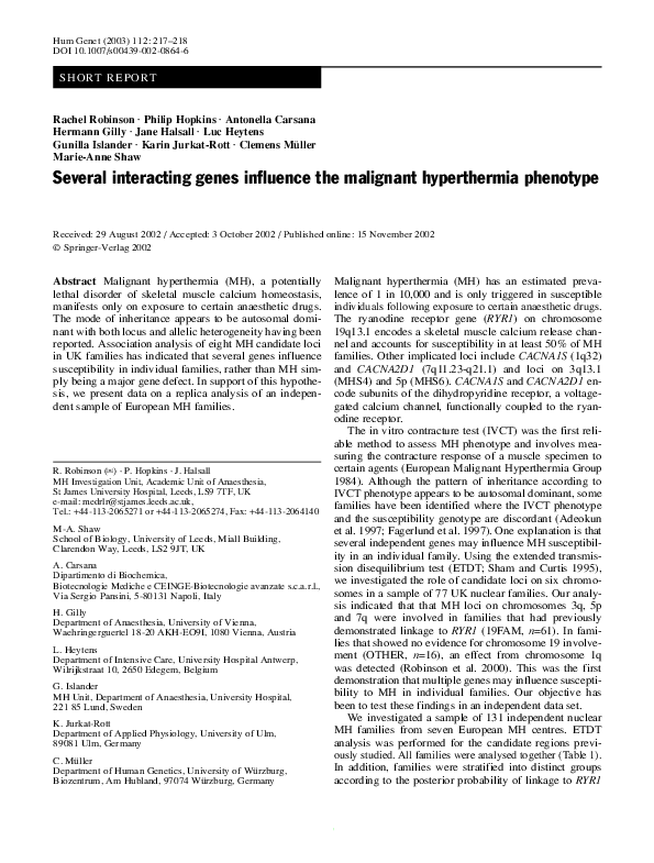 First page of “Several interacting genes influence the malignant hyperthermia phenotype”