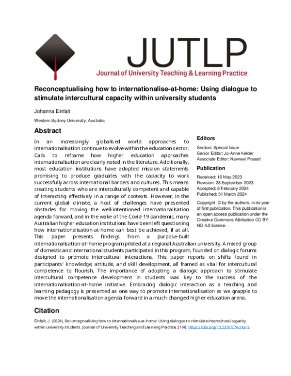 First page of “Reconceptualising how to internationalise-at-home: Using dialogue to stimulate intercultural capacity within university students”