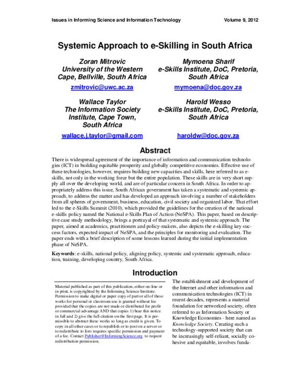 First page of “Systemic Approach to e-Skilling in South Africa”