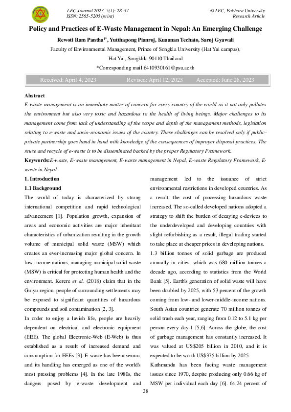 First page of “Policy and Practices of E-Waste Management in Nepal: An Emerging Challenge”