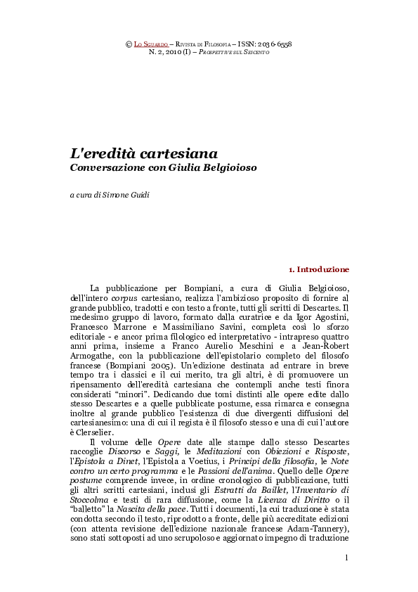 First page of “L'eredità cartesiana. Conversazione con Giulia Belgioioso.”