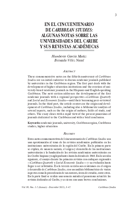 First page of “En el cincuentenario de CARIBBEAN STUDIES: algunas notas sobre las universidades del Caribe y sus revistas académicas”