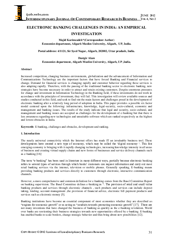 First page of “ELECTRONIC BANKING CHALLENGES IN INDIA: AN EMPIRICAL INVESTIGATION”