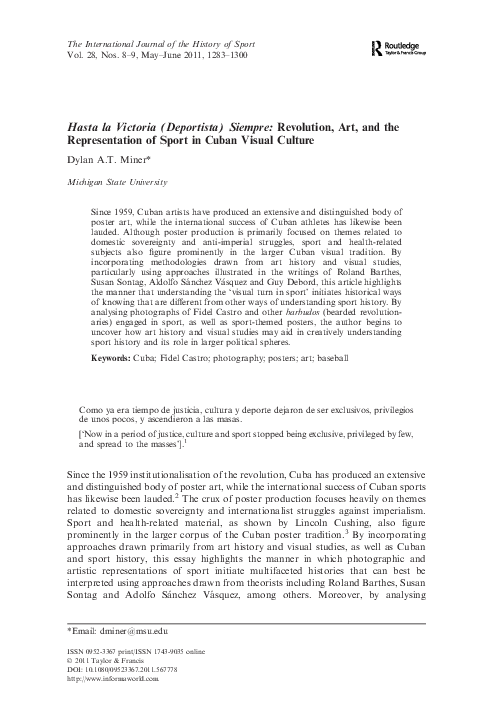 First page of ““Hasta la Victoria (Deportista) Siempre: The History of Sports Posters in Revolutionary Cuba,” International Journal of the History of Sport (Special Issue on the “Visual Turn in Sports History,” eds. Mike Huggins and Mike O’Mahony).”