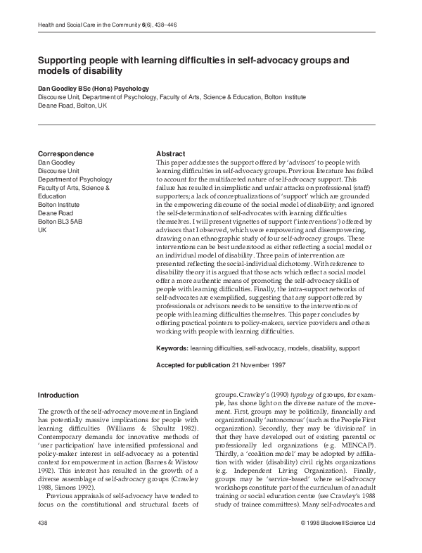 First page of “Supporting People With Learning Difficulties In Self-Advocacy Groups and Models of Disability”