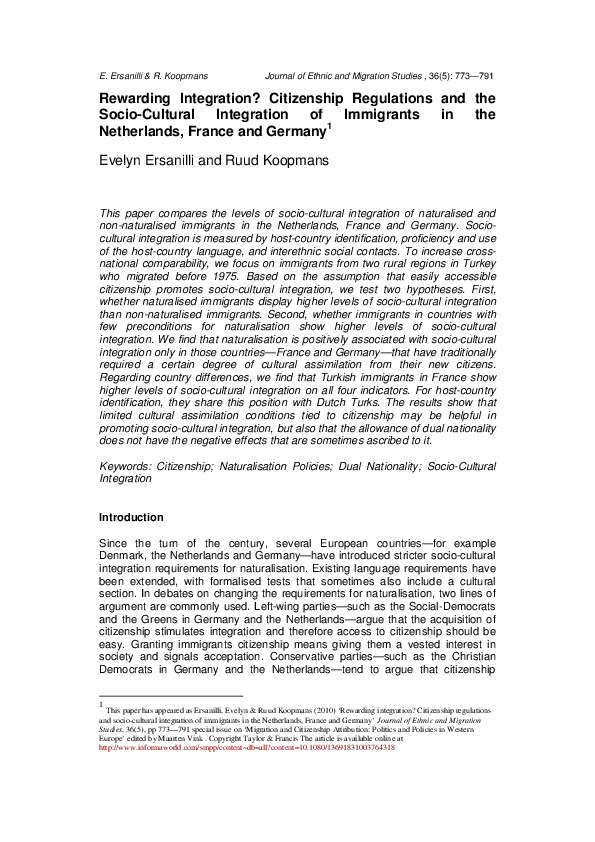 First page of “Rewarding integration? Citizenship regulations and socio-cultural integration of immigrants in the Netherlands, France and Germany”