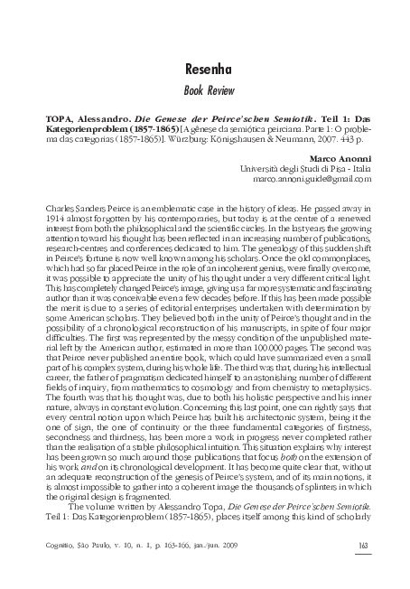 First page of “Marco Annoni: Review of "Die Genese der Peirce'schen Semiotik" in Cognitio (2009)”