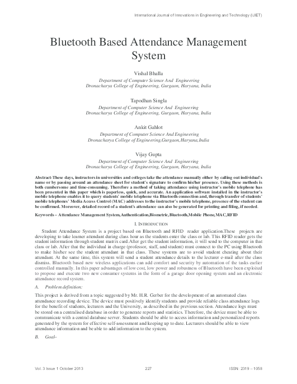 First page of “Bluetooth Based Attendance Management System”