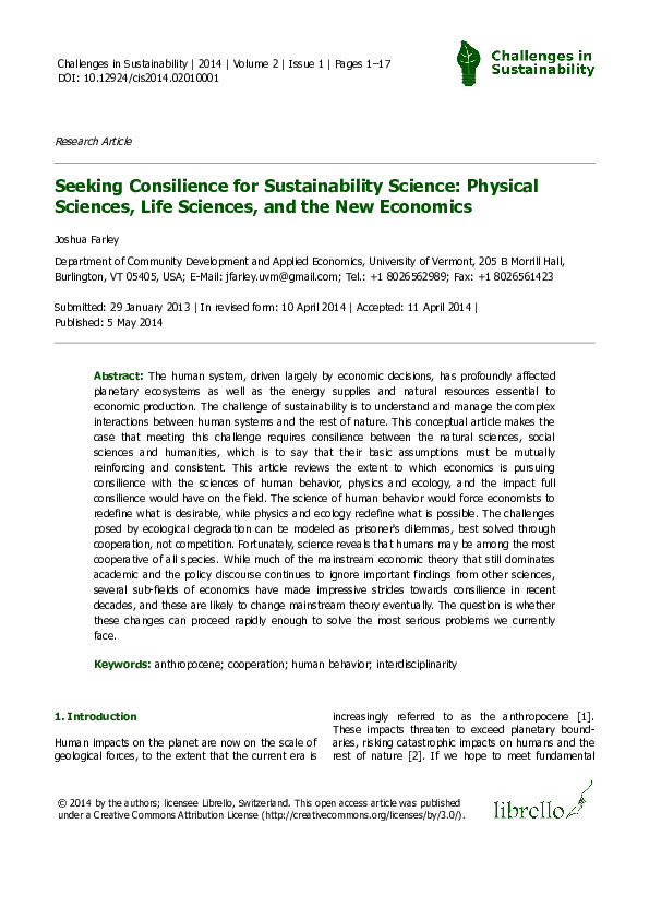 First page of “Seeking Consilience for Sustainability Science: Physical Sciences, Life Sciences, and the New Economics”